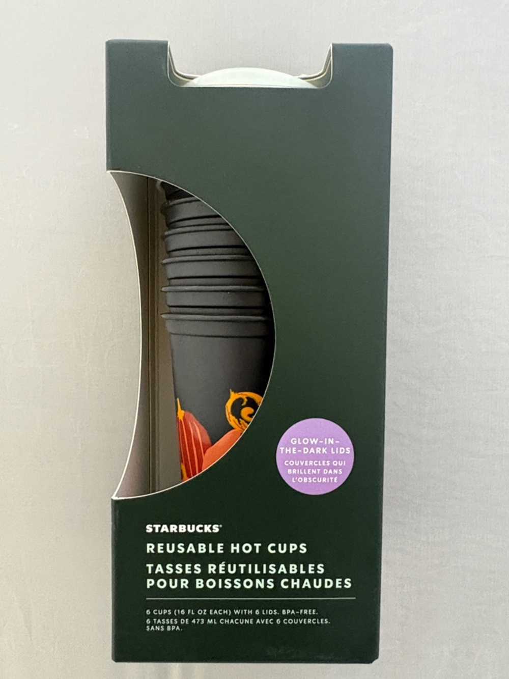 New Starbucks Gray Reusable Hot Cups with Pumpkin Accent 6 Cups Halloween